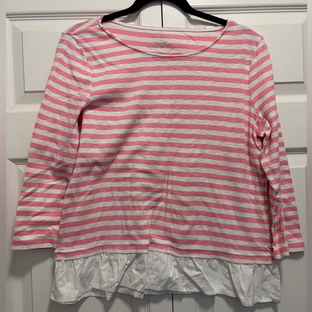 Talbots flounce hem Stripe top crewneck size M coral white‎ euc
